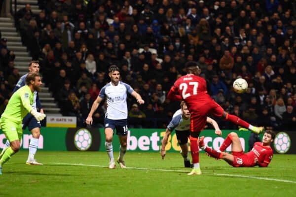 PRESTON, ENGLAND - Wednesday, October 27, 2021: Liverpool's Divock Origi scores the second goal during the English Football League Cup 4th Round match between Preston North End FC and Liverpool FC at Deepdale. Liverpool won 2-0. (Pic by David Rawcliffe/Propaganda)