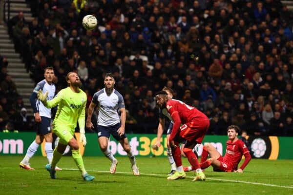 PRESTON, ENGLAND - Wednesday, October 27, 2021: Liverpool's Divock Origi scores the second goal during the English Football League Cup 4th Round match between Preston North End FC and Liverpool FC at Deepdale. Liverpool won 2-0. (Pic by David Rawcliffe/Propaganda)