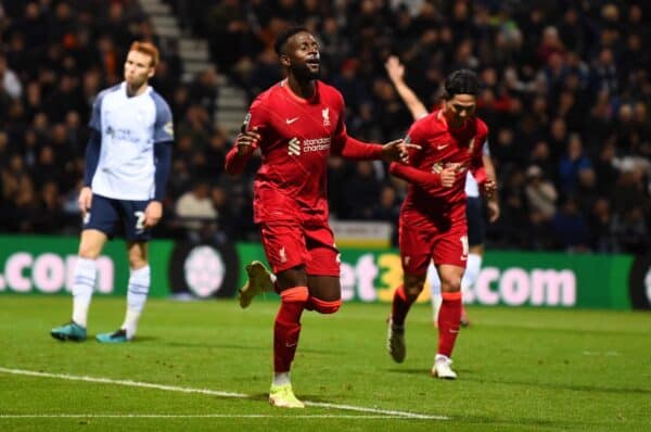 PRESTON, ENGLAND - Wednesday, October 27, 2021: Liverpool's Divock Origi celebrates after scoring the second goal during the English Football League Cup 4th Round match between Preston North End FC and Liverpool FC at Deepdale. Liverpool won 2-0. (Pic by David Rawcliffe/Propaganda)