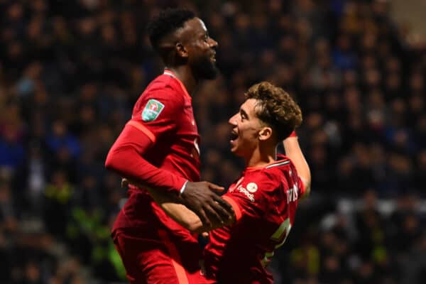 PRESTON, ENGLAND - Wednesday, October 27, 2021: Liverpool's Divock Origi (L) celebrates with team-mate Kostas Tsimikas after scoring the second goal during the English Football League Cup 4th Round match between Preston North End FC and Liverpool FC at Deepdale. Liverpool won 2-0. (Pic by David Rawcliffe/Propaganda)