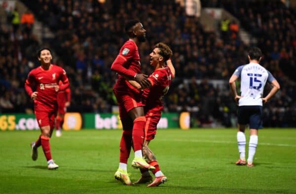 PRESTON, ENGLAND - Wednesday, October 27, 2021: Liverpool's Divock Origi (L) celebrates with team-mate Kostas Tsimikas after scoring the second goal during the English Football League Cup 4th Round match between Preston North End FC and Liverpool FC at Deepdale. Liverpool won 2-0. (Pic by David Rawcliffe/Propaganda)