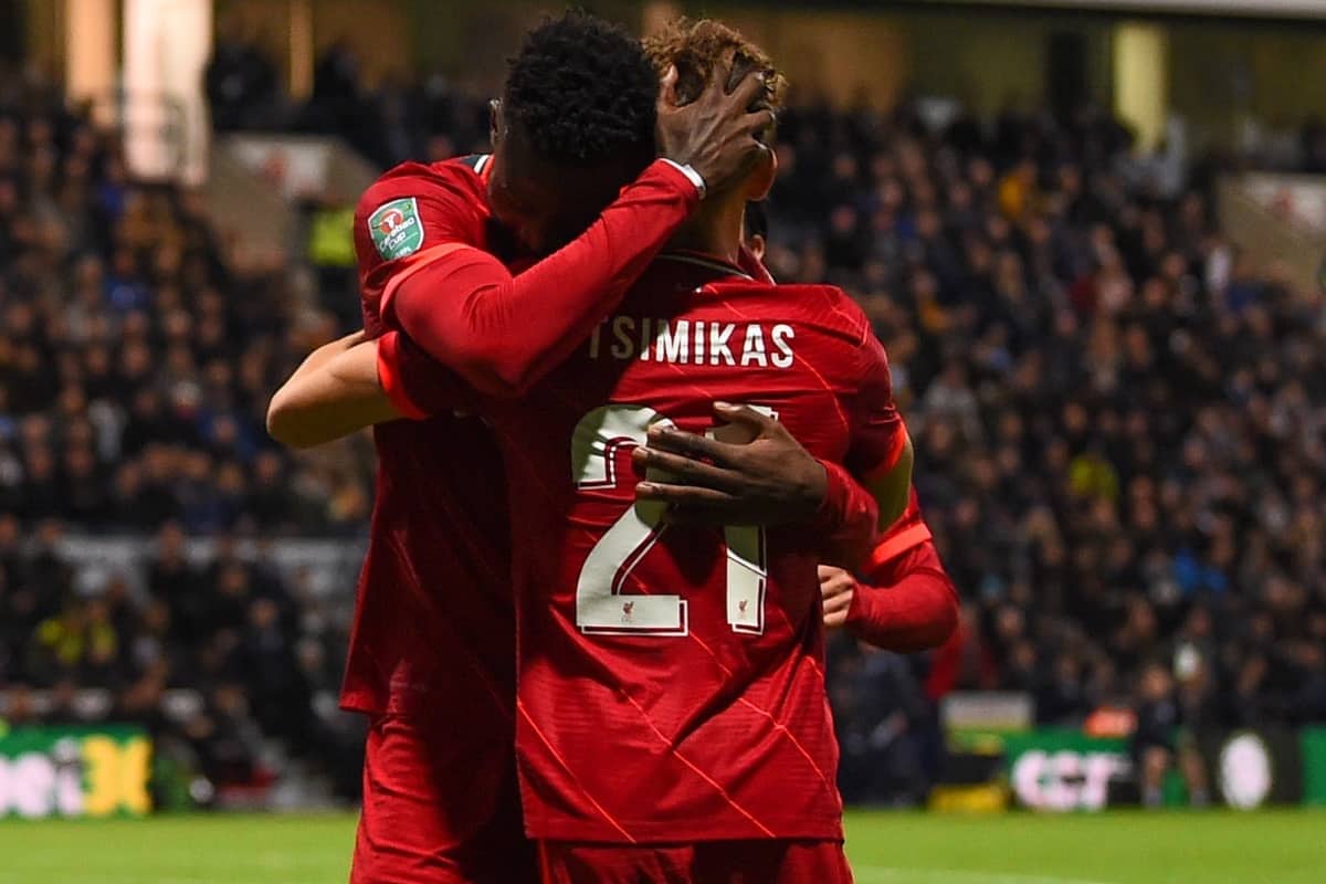 PRESTON, ENGLAND - Wednesday, October 27, 2021: Liverpool's Divock Origi (L) celebrates with team-mate Kostas Tsimikas after scoring the second goal during the English Football League Cup 4th Round match between Preston North End FC and Liverpool FC at Deepdale. Liverpool won 2-0. (Pic by David Rawcliffe/Propaganda)