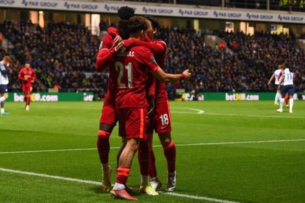 PRESTON, ENGLAND - Wednesday, October 27, 2021: Liverpool's Divock Origi (L) celebrates with team-mates Kostas Tsimikas (C) and Takumi Minamino (R) after scoring the second goal during the English Football League Cup 4th Round match between Preston North End FC and Liverpool FC at Deepdale. Liverpool won 2-0. (Pic by David Rawcliffe/Propaganda)