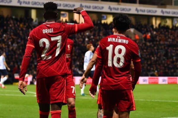 PRESTON, ENGLAND - Wednesday, October 27, 2021: Liverpool's Divock Origi and Takumi Minamino during the English Football League Cup 4th Round match between Preston North End FC and Liverpool FC at Deepdale. (Pic by David Rawcliffe/Propaganda)