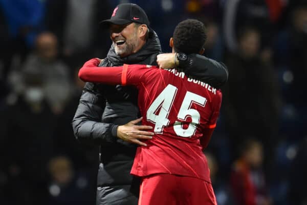 PRESTON, ENGLAND - Wednesday, October 27, 2021: Liverpool's manager Jürgen Klopp embraces Elijah Dixon-Bonner after the English Football League Cup 4th Round match between Preston North End FC and Liverpool FC at Deepdale. (Pic by David Rawcliffe/Propaganda)