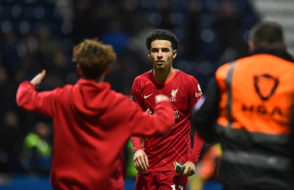 PRESTON, ENGLAND - Wednesday, October 27, 2021: Liverpool's Curtis Jones looks on as a supporter runs onto the pitch after the English Football League Cup 4th Round match between Preston North End FC and Liverpool FC at Deepdale. (Pic by David Rawcliffe/Propaganda)