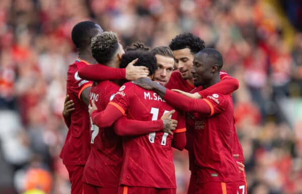 LIVERPOOL, ENGLAND - Saturday, October 30, 2021: Liverpool's captain Jordan Henderson (C) celebrates after scoring the first goal during the FA Premier League match between Liverpool FC and Brighton & Hove Albion FC at Anfield. (Pic by David Rawcliffe/Propaganda)