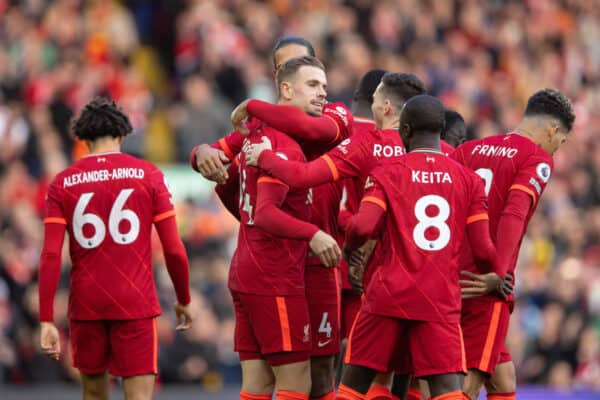 LIVERPOOL, ENGLAND - Saturday, October 30, 2021: Liverpool's captain Jordan Henderson (C) celebrates after scoring the first goal during the FA Premier League match between Liverpool FC and Brighton & Hove Albion FC at Anfield. (Pic by David Rawcliffe/Propaganda)