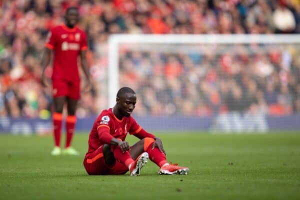 LIVERPOOL, ENGLAND - Saturday, October 30, 2021: Liverpool's Naby Keita goes down injured during the FA Premier League match between Liverpool FC and Brighton & Hove Albion FC at Anfield. (Pic by David Rawcliffe/Propaganda)