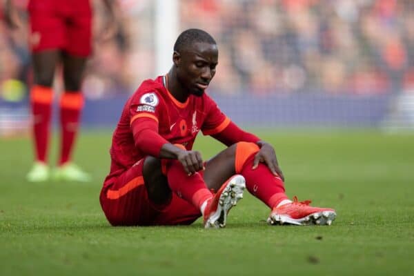 LIVERPOOL, ENGLAND - Saturday, October 30, 2021: Liverpool's Naby Keita goes down injured during the FA Premier League match between Liverpool FC and Brighton & Hove Albion FC at Anfield. (Pic by David Rawcliffe/Propaganda)