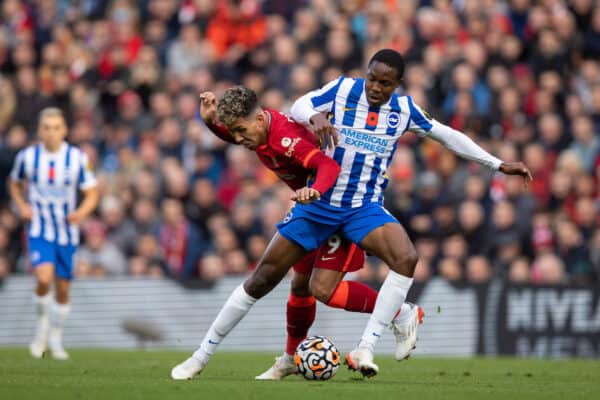 LIVERPOOL, ENGLAND - Saturday, October 30, 2021: Liverpool's Roberto Firmino (L) and Brighton & Hove Albion's Enock Mwepu during the FA Premier League match between Liverpool FC and Brighton & Hove Albion FC at Anfield. (Pic by David Rawcliffe/Propaganda)