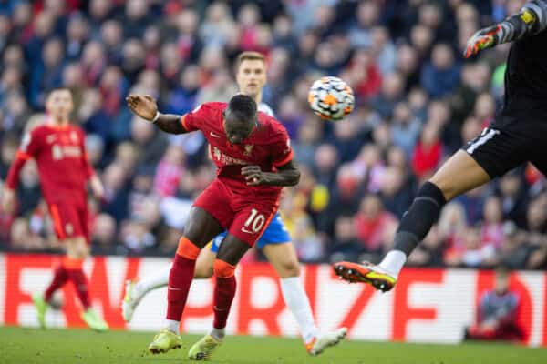 LIVERPOOL, ENGLAND - Saturday, October 30, 2021: Liverpool's Sadio Mané scores the second goal with a header during the FA Premier League match between Liverpool FC and Brighton & Hove Albion FC at Anfield. (Pic by David Rawcliffe/Propaganda)