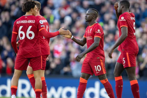 LIVERPOOL, ENGLAND - Saturday, October 30, 2021: Liverpool's Sadio Mané (C) celebrates after scoring the second goal during the FA Premier League match between Liverpool FC and Brighton & Hove Albion FC at Anfield. (Pic by David Rawcliffe/Propaganda)