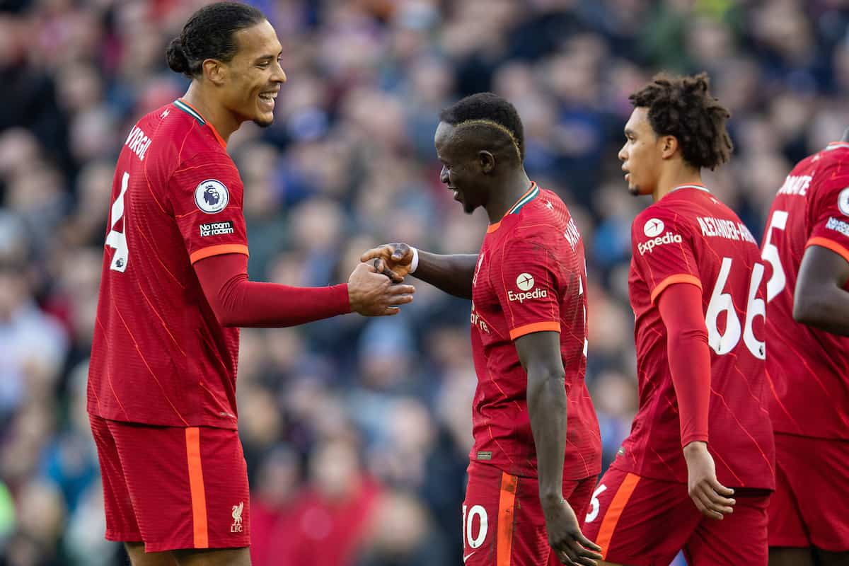 LIVERPOOL, ENGLAND - Saturday, October 30, 2021: Liverpool's Sadio Mané (C) celebrates with team-mate Virgil van Dijk (L) after scoring the second goal during the FA Premier League match between Liverpool FC and Brighton & Hove Albion FC at Anfield. (Pic by David Rawcliffe/Propaganda)