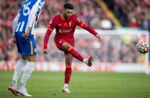 LIVERPOOL, ENGLAND - Saturday, October 30, 2021: Liverpool's Alex Oxlade-Chamberlain crosses the ball to set-up the second goal during the FA Premier League match between Liverpool FC and Brighton & Hove Albion FC at Anfield. (Pic by David Rawcliffe/Propaganda)