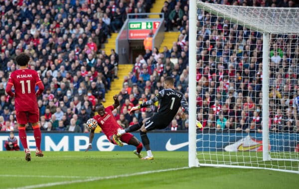 LIVERPOOL, ENGLAND - Saturday, October 30, 2021: Liverpool's Sadio Mané scores a third goal, but it is ruled out for handball after a VAR review, during the FA Premier League match between Liverpool FC and Brighton & Hove Albion FC at Anfield. (Pic by David Rawcliffe/Propaganda)