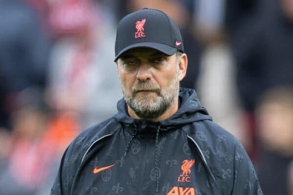 LIVERPOOL, ENGLAND - Saturday, October 30, 2021: Liverpool's manager Jürgen Klopp during the pre-match warm-up before the FA Premier League match between Liverpool FC and Brighton & Hove Albion FC at Anfield. (Pic by David Rawcliffe/Propaganda)