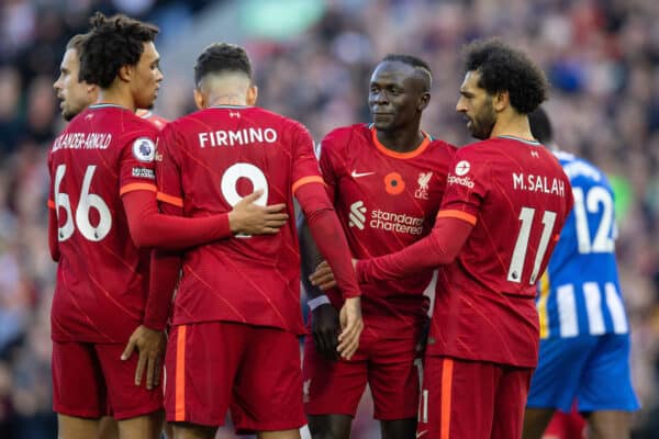 LIVERPOOL, ENGLAND - Saturday, October 30, 2021: Liverpool's Sadio Mané (2nd from R) celebrates with team-mates after scoring a goal during the FA Premier League match between Liverpool FC and Brighton & Hove Albion FC at Anfield. (Pic by David Rawcliffe/Propaganda)