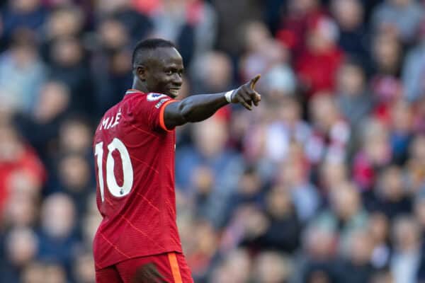LIVERPOOL, ENGLAND - Saturday, October 30, 2021: Liverpool's Sadio Mané celebrates after scoring a goal during the FA Premier League match between Liverpool FC and Brighton & Hove Albion FC at Anfield. (Pic by David Rawcliffe/Propaganda)