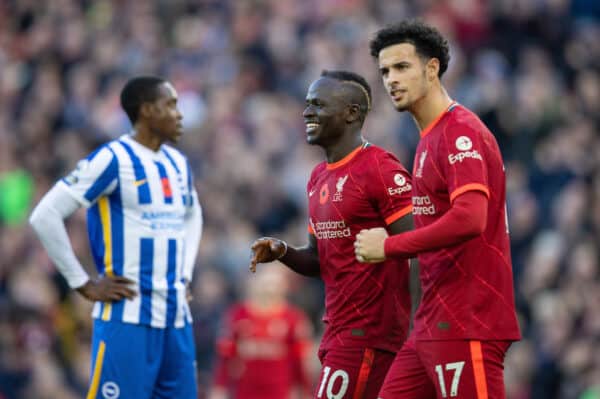 LIVERPOOL, ENGLAND - Saturday, October 30, 2021: Liverpool's Sadio Mané (L) celebrates with team-mate Curtis Jones (R) after scoring the second goal during the FA Premier League match between Liverpool FC and Brighton & Hove Albion FC at Anfield. (Pic by David Rawcliffe/Propaganda)