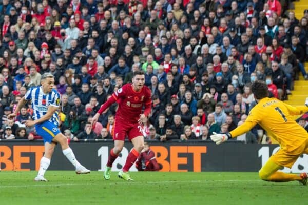 LIVERPOOL, ENGLAND - Saturday, October 30, 2021: Brighton & Hove Albion's Leandro Trossard scores the second goal to equalise the score at 2-2 during the FA Premier League match between Liverpool FC and Brighton & Hove Albion FC at Anfield. (Pic by David Rawcliffe/Propaganda)