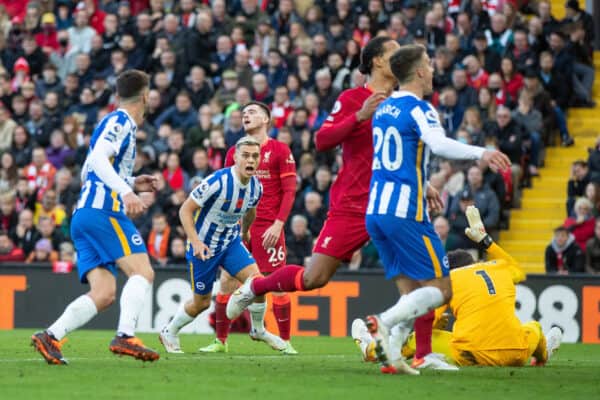 LIVERPOOL, ENGLAND - Saturday, October 30, 2021: Brighton & Hove Albion's Leandro Trossard celebrates after scoring the second goal to equalise the score at 2-2 during the FA Premier League match between Liverpool FC and Brighton & Hove Albion FC at Anfield. (Pic by David Rawcliffe/Propaganda)