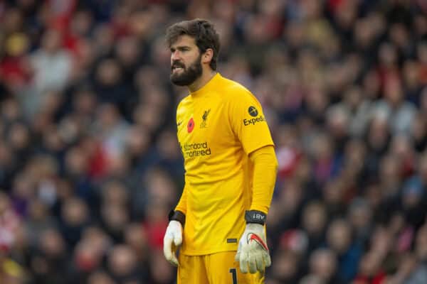 LIVERPOOL, ENGLAND - Saturday, October 30, 2021: Liverpool's goalkeeper Alisson Becker during the FA Premier League match between Liverpool FC and Brighton & Hove Albion FC at Anfield. (Pic by David Rawcliffe/Propaganda)