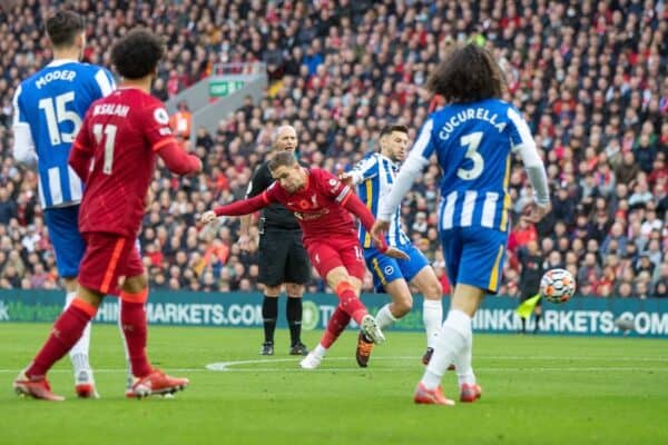 LIVERPOOL, ENGLAND - Saturday, October 30, 2021: Liverpool's captain Jordan Henderson scores the first goal during the FA Premier League match between Liverpool FC and Brighton & Hove Albion FC at Anfield. (Pic by David Rawcliffe/Propaganda)