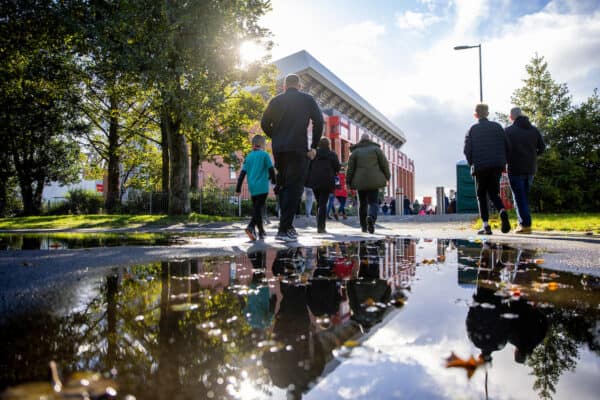 LIVERPOOL, ENGLAND - Saturday, October 30, 2021: Liverpool supporters walk to the stadium before the FA Premier League match between Liverpool FC and Brighton & Hove Albion FC at Anfield. (Pic by David Rawcliffe/Propaganda)