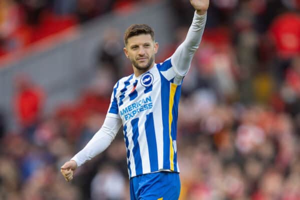 LIVERPOOL, ENGLAND - Saturday, October 30, 2021: Liverpool's former player Brighton & Hove Albion's Adam Lallana waves to the home supporters after the FA Premier League match between Liverpool FC and Brighton & Hove Albion FC at Anfield. (Pic by David Rawcliffe/Propaganda)