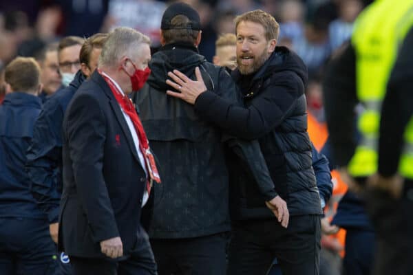 LIVERPOOL, ENGLAND - Saturday, October 30, 2021: Brighton & Hove Albion's manager Graham Potter (R) embraces Liverpool's manager Jürgen Klopp after the FA Premier League match between Liverpool FC and Brighton & Hove Albion FC at Anfield. (Pic by David Rawcliffe/Propaganda)