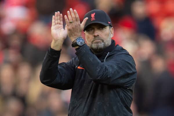 LIVERPOOL, ENGLAND - Saturday, October 30, 2021: Liverpool's manager Jürgen Klopp waves to the supporters after the FA Premier League match between Liverpool FC and Brighton & Hove Albion FC at Anfield. (Pic by David Rawcliffe/Propaganda)