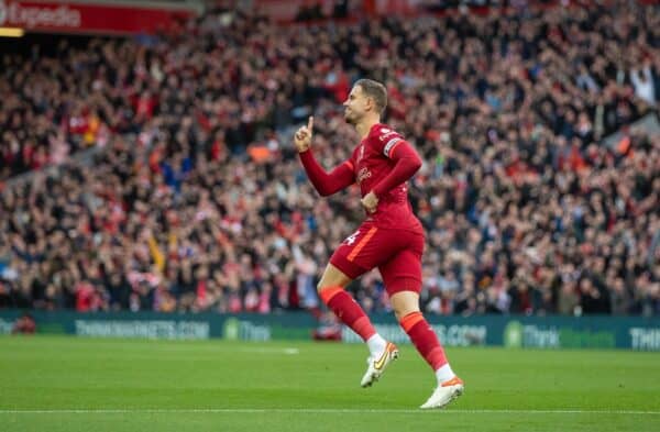 LIVERPOOL, ENGLAND - Saturday, October 30, 2021: Liverpool's captain Jordan Henderson celebrates after scoring the first goal during the FA Premier League match between Liverpool FC and Brighton & Hove Albion FC at Anfield. (Pic by David Rawcliffe/Propaganda)