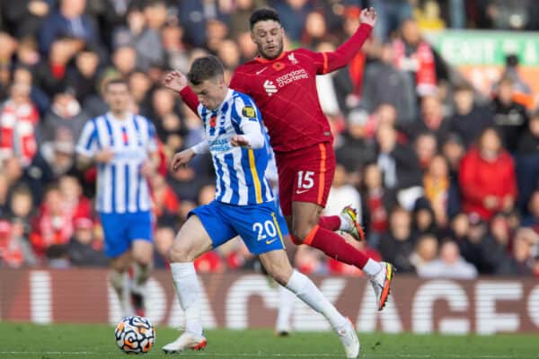 LIVERPOOL, ENGLAND - Saturday, October 30, 2021: Liverpool's Alex Oxlade-Chamberlain (R) challenges Brighton & Hove Albion's Solly March during the FA Premier League match between Liverpool FC and Brighton & Hove Albion FC at Anfield. (Pic by David Rawcliffe/Propaganda)