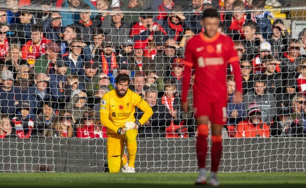 LIVERPOOL, ENGLAND - Saturday, October 30, 2021: Liverpool's goalkeeper Alisson Becker looks dejected as Brighton & Hove Albion score their first goal during the FA Premier League match between Liverpool FC and Brighton & Hove Albion FC at Anfield. (Pic by David Rawcliffe/Propaganda)