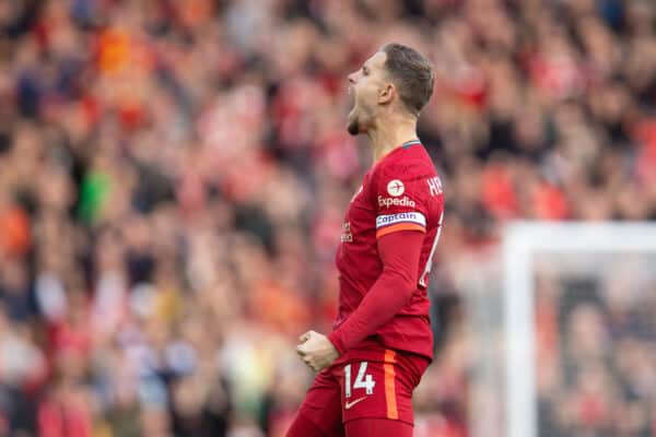 LIVERPOOL, ENGLAND - Saturday, October 30, 2021: Liverpool's captain Jordan Henderson celebrates after scoring the first goal during the FA Premier League match between Liverpool FC and Brighton & Hove Albion FC at Anfield. (Pic by David Rawcliffe/Propaganda)