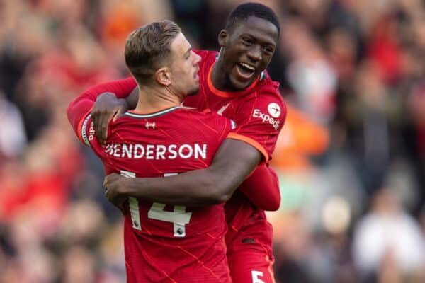 LIVERPOOL, ENGLAND - Saturday, October 30, 2021: Liverpool's captain Jordan Henderson (L) celebrates with team-mate Ibrahima Konaté after scoring the first goal during the FA Premier League match between Liverpool FC and Brighton & Hove Albion FC at Anfield. (Pic by David Rawcliffe/Propaganda)