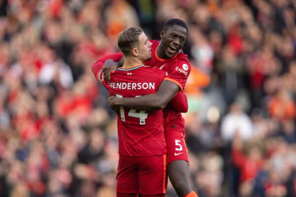 LIVERPOOL, ENGLAND - Saturday, October 30, 2021: Liverpool's captain Jordan Henderson (L) celebrates with team-mate Ibrahima Konaté after scoring the first goal during the FA Premier League match between Liverpool FC and Brighton & Hove Albion FC at Anfield. (Pic by David Rawcliffe/Propaganda)