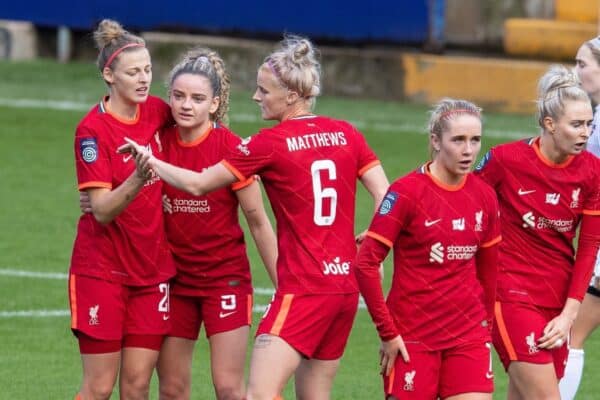 BIRKENHEAD, ENGLAND - Sunday, October 31, 2021: Liverpool's Leanne Kiernan (2nd from L) celebrates with team-mates after scoring the second goal during the FA Women’s Championship game between Liverpool FC Women and Lewes FC Women at Prenton Park. (Pic by David Rawcliffe/Propaganda)