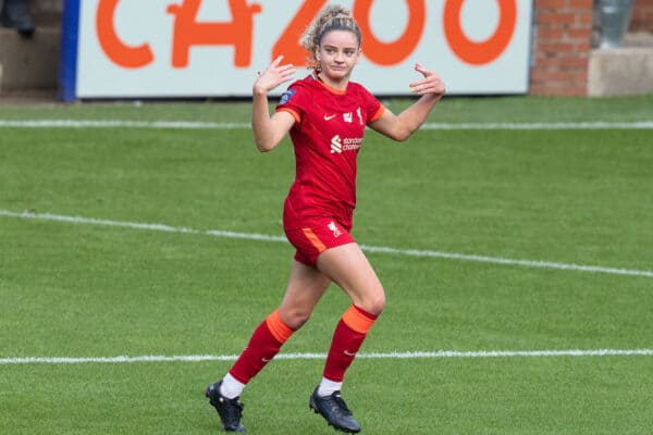 BIRKENHEAD, ENGLAND - Sunday, October 31, 2021: Liverpool's Leanne Kiernan celebrates after scoring the second goal during the FA Women’s Championship game between Liverpool FC Women and Lewes FC Women at Prenton Park. (Pic by David Rawcliffe/Propaganda)