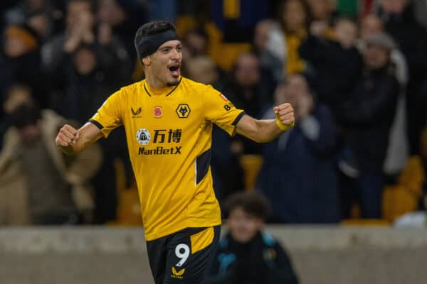 WOLVERHAMPTON, ENGLAND - Monday, November 1, 2021: Wolverhampton Wanderers' Raúl Jiménez after scoring the second goal during the FA Premier League match between Wolverhampton Wanderers FC and Everton FC at Molineux Stadium. (Pic by David Rawcliffe/Propaganda)