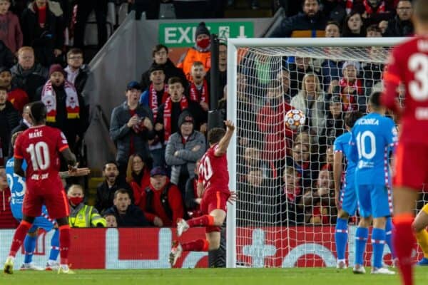 LIVERPOOL, ENGLAND - Wednesday, November 3, 2021: Liverpool's Diogo Jota scores the first goal during the UEFA Champions League Group B Matchday 4 game between Liverpool FC and Club Atlético de Madrid at Anfield. (Pic by David Rawcliffe/Propaganda)