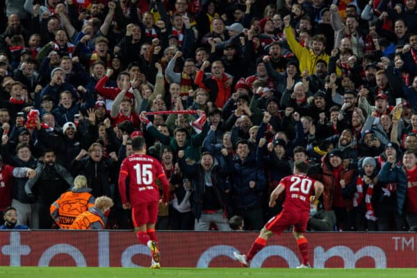 LIVERPOOL, ENGLAND - Wednesday, November 3, 2021: Liverpool's Diogo Jota celebrates after scoring the first goal during the UEFA Champions League Group B Matchday 4 game between Liverpool FC and Club Atlético de Madrid at Anfield. (Pic by David Rawcliffe/Propaganda)