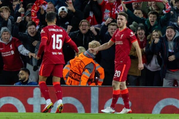 LIVERPOOL, ENGLAND - Wednesday, November 3, 2021: Liverpool's Diogo Jota celebrates after scoring the first goal during the UEFA Champions League Group B Matchday 4 game between Liverpool FC and Club Atlético de Madrid at Anfield. (Pic by David Rawcliffe/Propaganda)