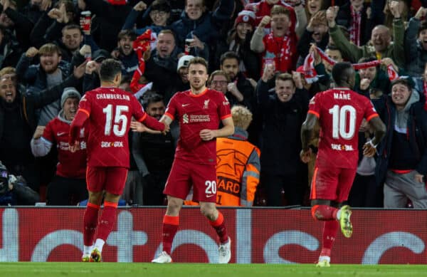 LIVERPOOL, ENGLAND - Wednesday, November 3, 2021: Liverpool's Diogo Jota celebrates after scoring the first goal during the UEFA Champions League Group B Matchday 4 game between Liverpool FC and Club Atlético de Madrid at Anfield. (Pic by David Rawcliffe/Propaganda)