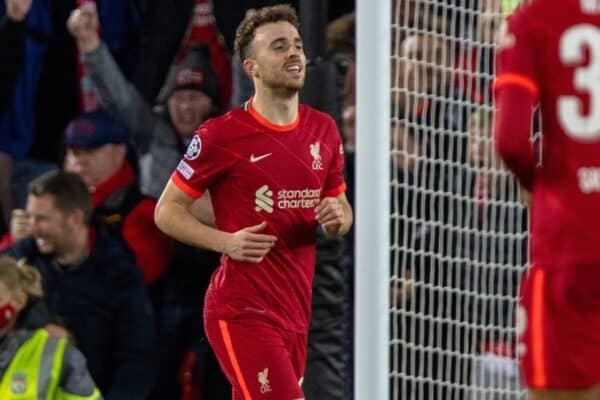 LIVERPOOL, ENGLAND - Wednesday, November 3, 2021: Liverpool's Diogo Jota celebrates after scoring the first goal during the UEFA Champions League Group B Matchday 4 game between Liverpool FC and Club Atlético de Madrid at Anfield. (Pic by David Rawcliffe/Propaganda)