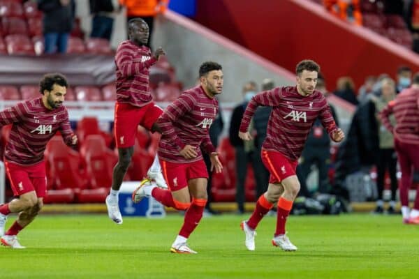 LIVERPOOL, ENGLAND - Wednesday, November 3, 2021: Liverpool's Alex Oxlade-Chamberlain (C) and Diogo Jota (R) during the pre-match warm-up before the UEFA Champions League Group B Matchday 4 game between Liverpool FC and Club Atlético de Madrid at Anfield. (Pic by David Rawcliffe/Propaganda)