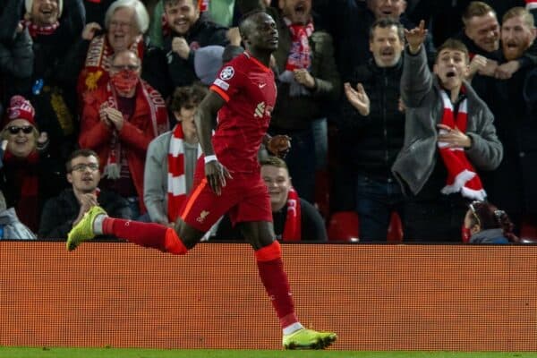 LIVERPOOL, ENGLAND - Wednesday, November 3, 2021: Liverpool's Sadio Mané celebrates after scoring the second goal during the UEFA Champions League Group B Matchday 4 game between Liverpool FC and Club Atlético de Madrid at Anfield. (Pic by David Rawcliffe/Propaganda)