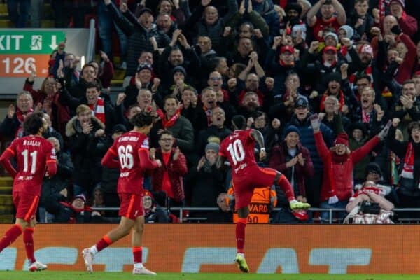 LIVERPOOL, ENGLAND - Wednesday, November 3, 2021: Liverpool's Sadio Mané celebrates after scoring the second goal during the UEFA Champions League Group B Matchday 4 game between Liverpool FC and Club Atlético de Madrid at Anfield. (Pic by David Rawcliffe/Propaganda)