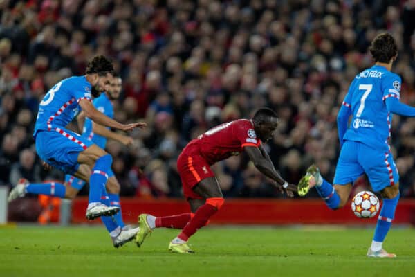 LIVERPOOL, ENGLAND - Wednesday, November 3, 2021: Club Atlético de Madrid's Felipe Augusto de Almeida Monteiro (L) brings down Liverpool's Sadio Mané and was then shown a red card and sent off during the UEFA Champions League Group B Matchday 4 game between Liverpool FC and Club Atlético de Madrid at Anfield. (Pic by David Rawcliffe/Propaganda)